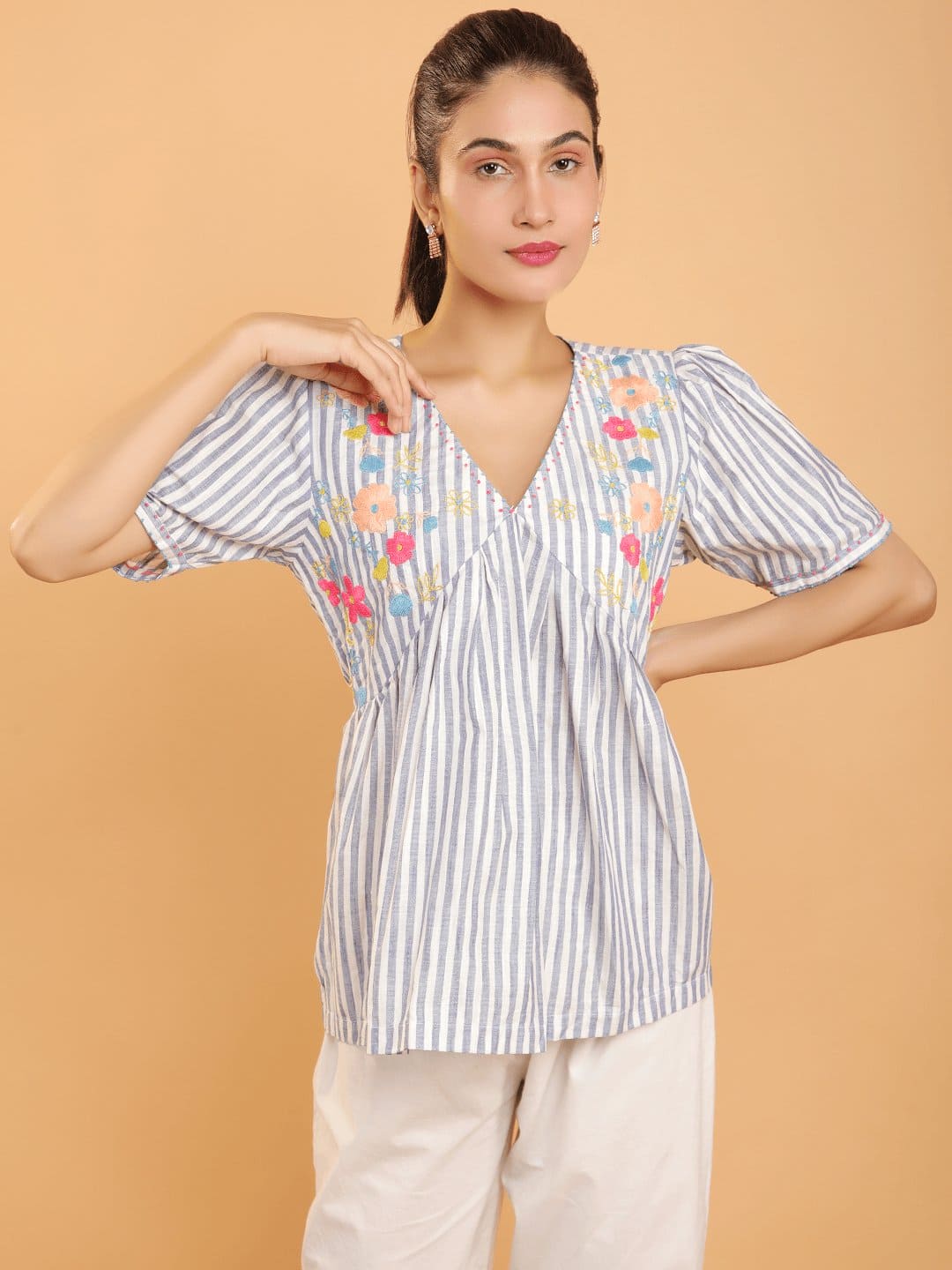 Striped Embroiderd Co - Ord Set - Blue - Charkha TalesStriped Embroiderd Co - Ord Set - Blue