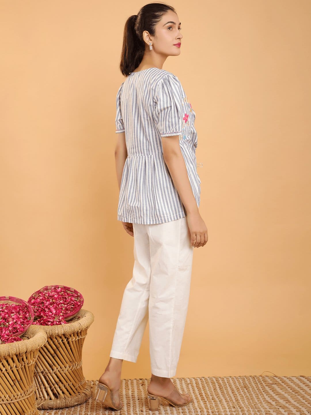 Striped Embroiderd Co - Ord Set - Blue - Charkha TalesStriped Embroiderd Co - Ord Set - Blue