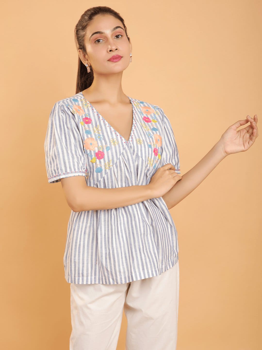 Striped Embroiderd Co - Ord Set - Blue - Charkha TalesStriped Embroiderd Co - Ord Set - Blue