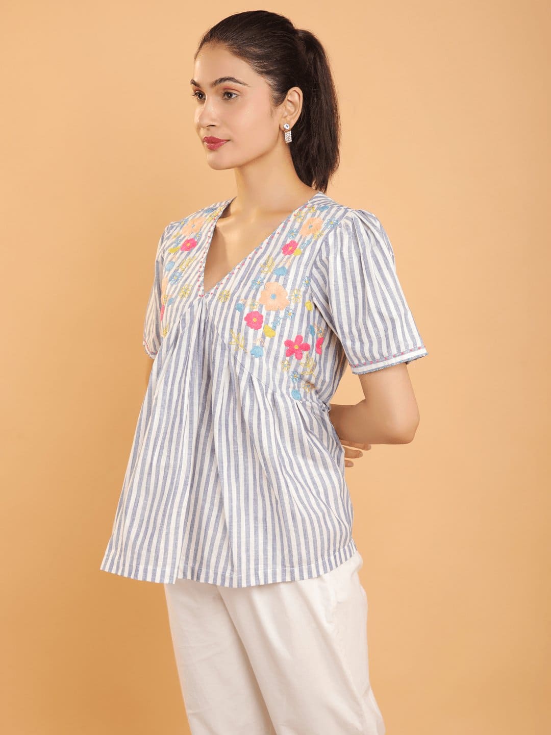 Striped Embroiderd Co - Ord Set - Blue - Charkha TalesStriped Embroiderd Co - Ord Set - Blue