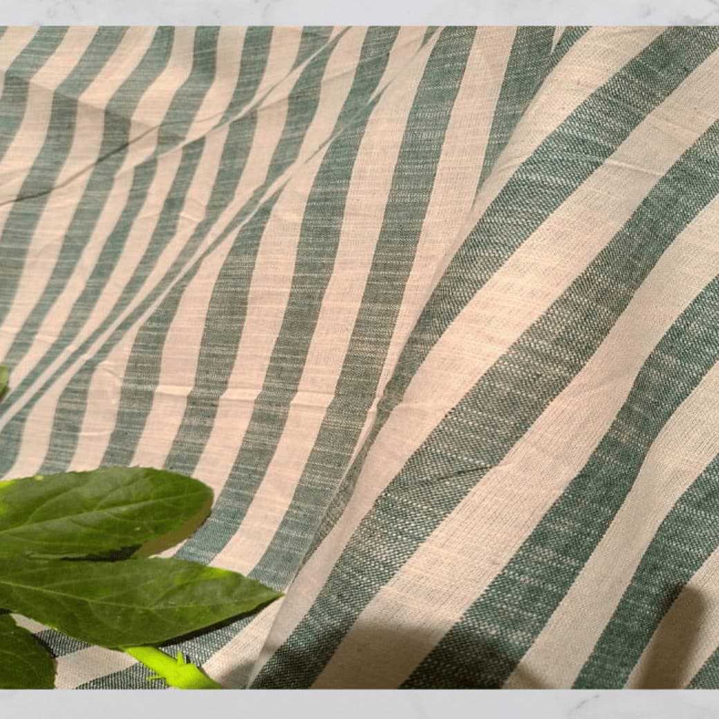 Striped Khadi Cotton Fabric - Green - Charkha TalesStriped Khadi Cotton Fabric - Green