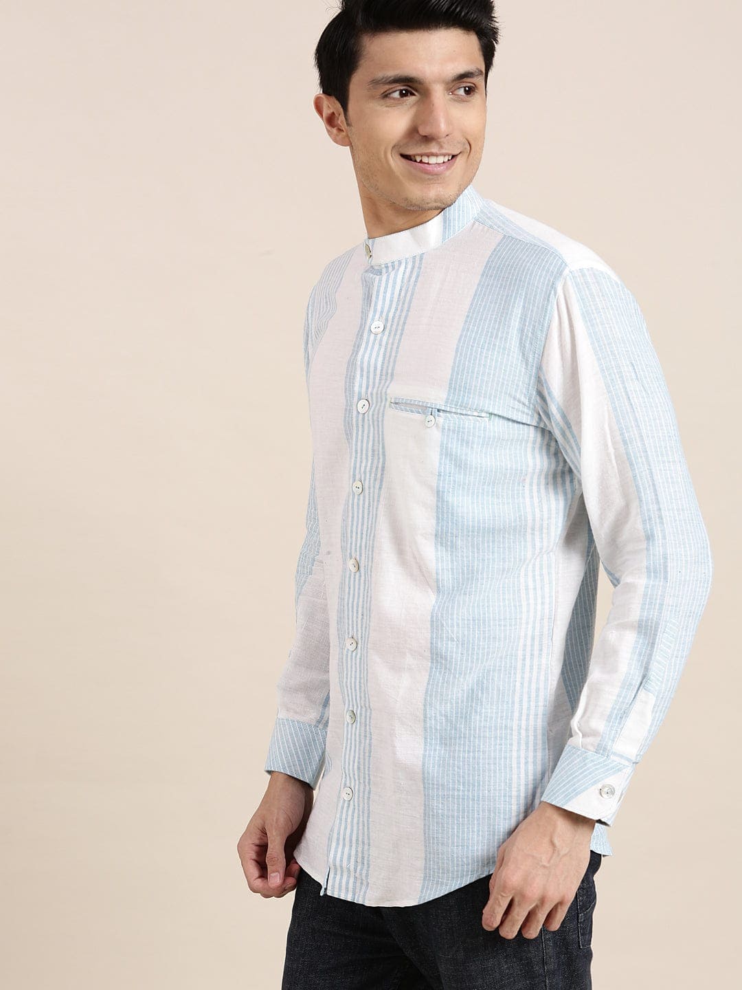 Striped Khadi Men Shirt - Blue - Charkha TalesStriped Khadi Men Shirt - Blue