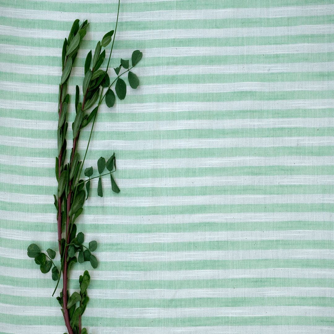 Striped Linen Fabric - Green & White - Charkha TalesStriped Linen Fabric - Green & White