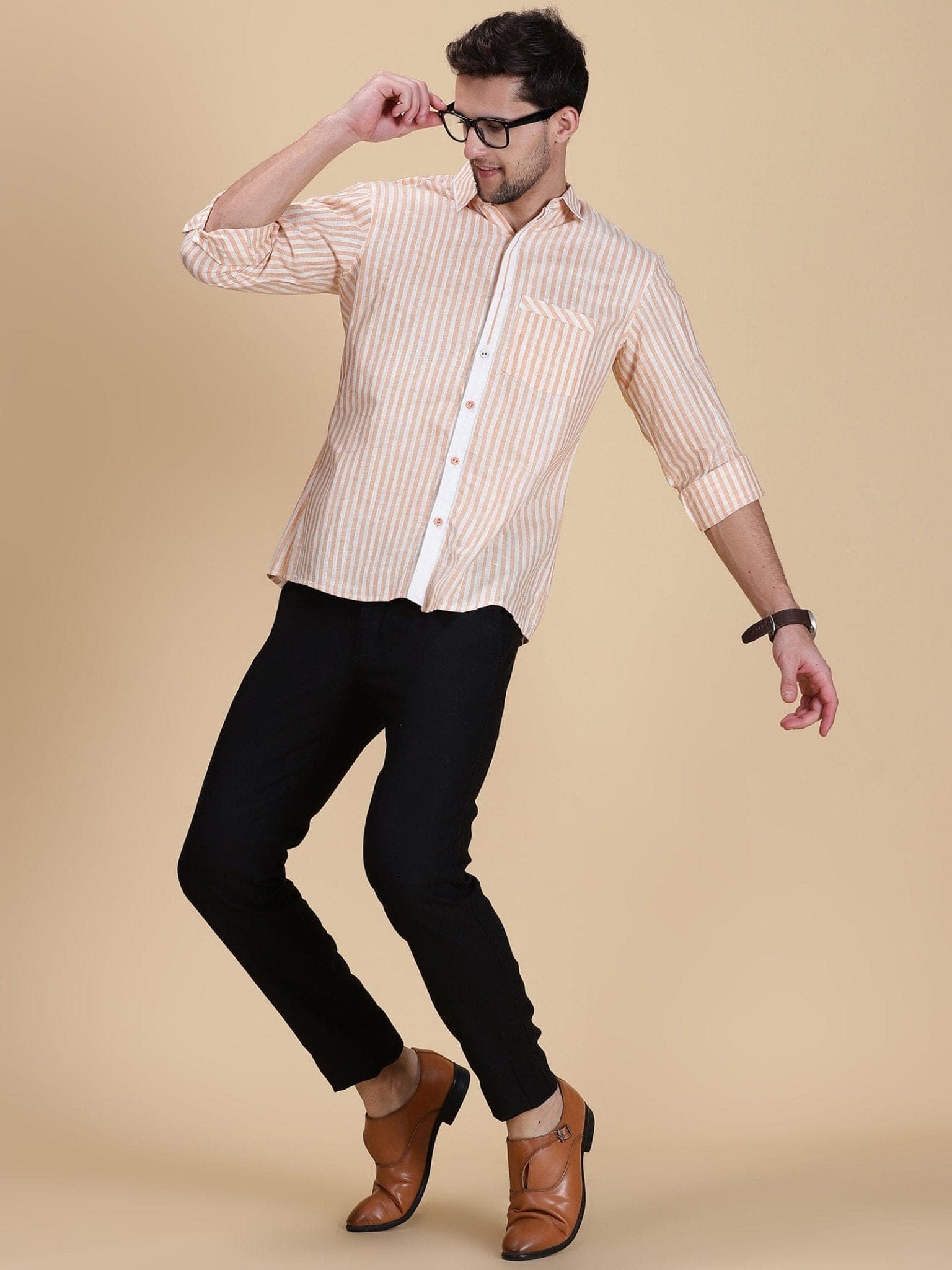 Striped Linen Men Shirt - Peach - Charkha TalesStriped Linen Men Shirt - Peach