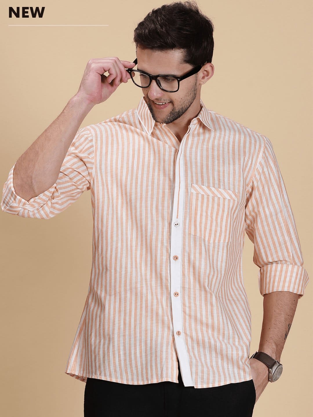 Striped Linen Men Shirt - Peach - Charkha TalesStriped Linen Men Shirt - Peach