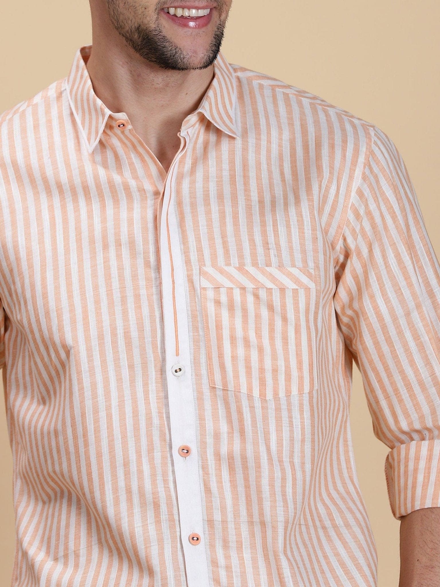Striped Linen Men Shirt - Peach - Charkha TalesStriped Linen Men Shirt - Peach