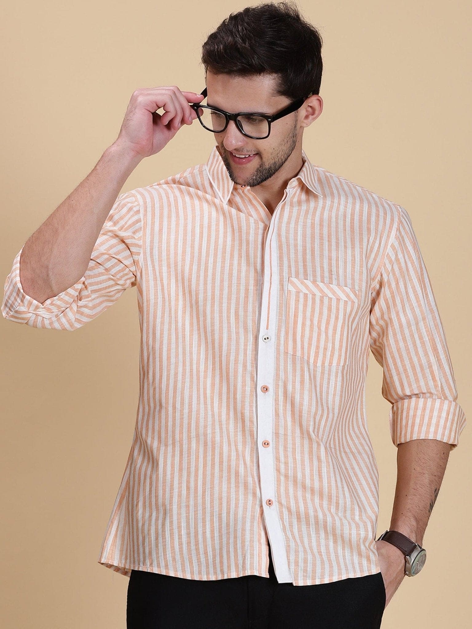Striped Linen Men Shirt - Peach - Charkha TalesStriped Linen Men Shirt - Peach