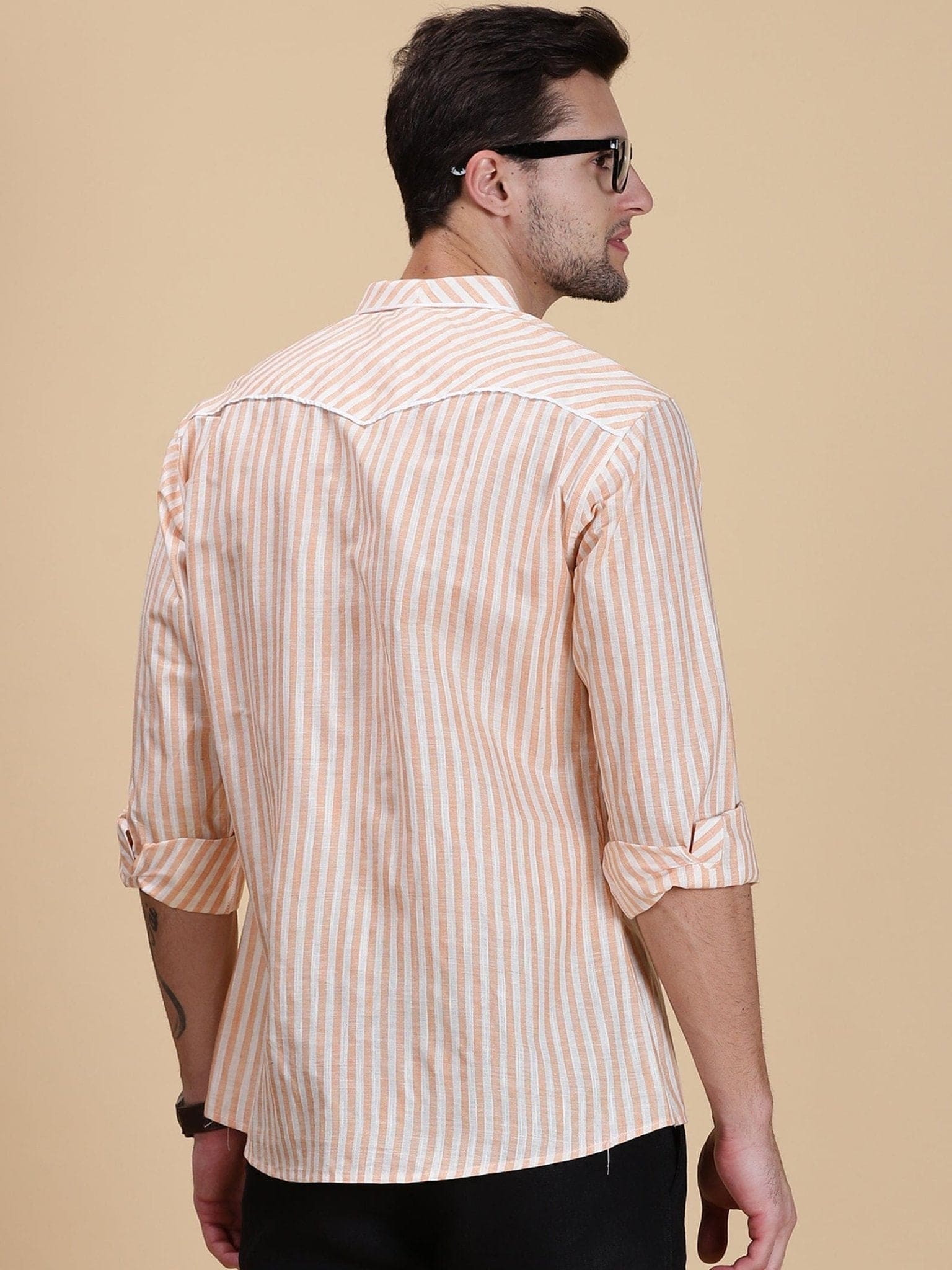 Striped Linen Men Shirt - Peach - Charkha TalesStriped Linen Men Shirt - Peach