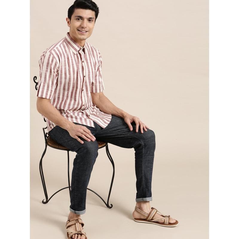 Striped Men Shirt - Brown & White - Charkha TalesStriped Men Shirt - Brown & White