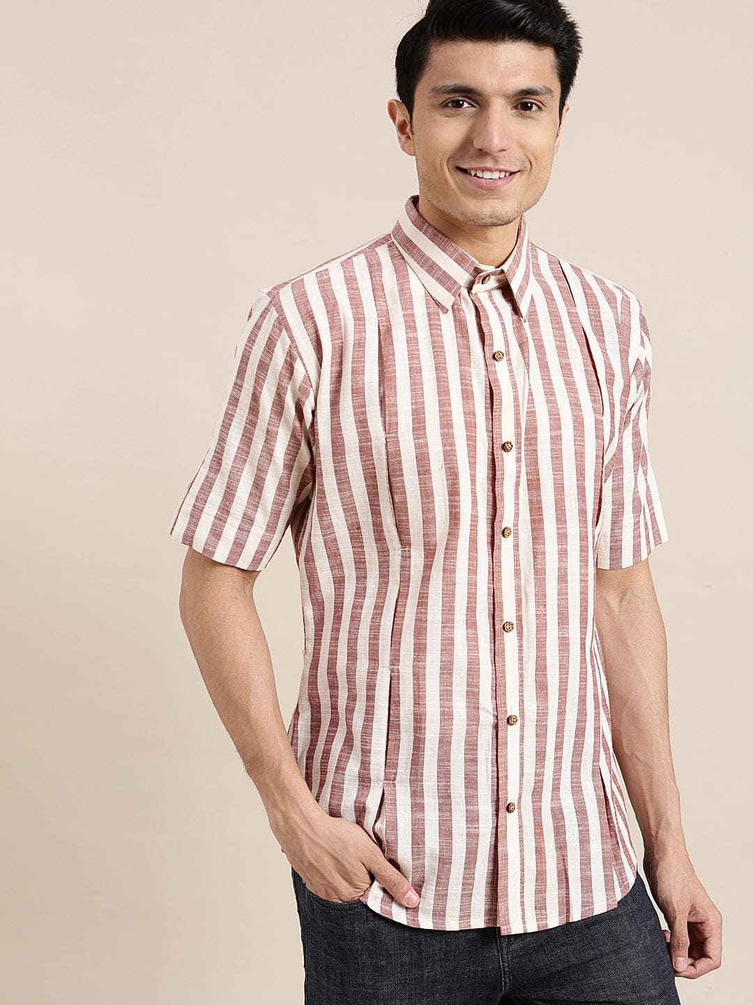 Striped Men Shirt - Brown & White - Charkha TalesStriped Men Shirt - Brown & White