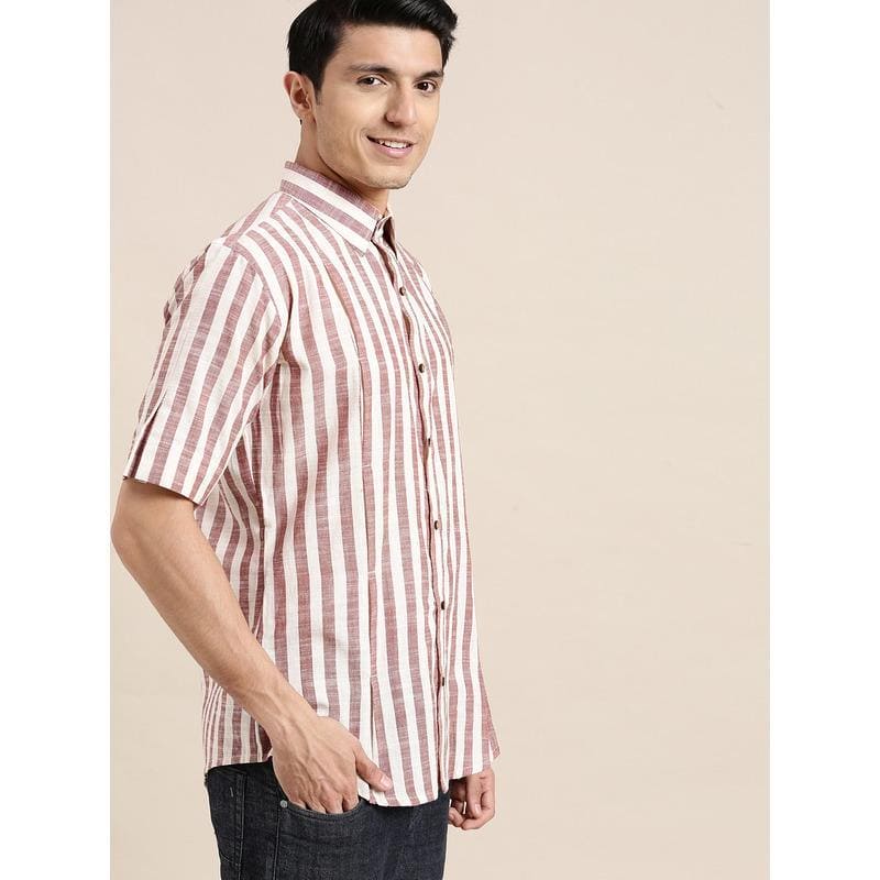 Striped Men Shirt - Brown & White - Charkha TalesStriped Men Shirt - Brown & White