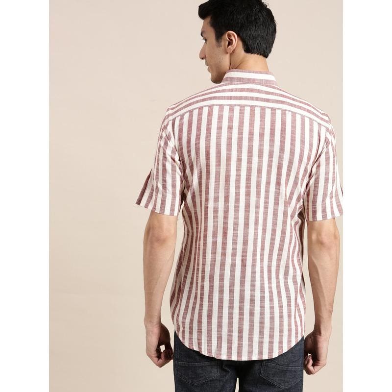 Striped Men Shirt - Brown & White - Charkha TalesStriped Men Shirt - Brown & White