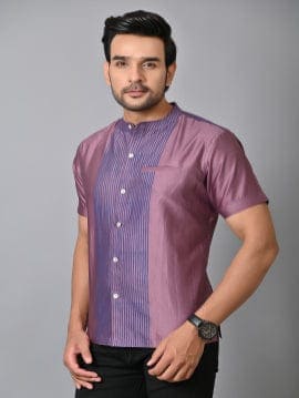 Striped Men Silk Shirt - Purple - Charkha TalesStriped Men Silk Shirt - Purple