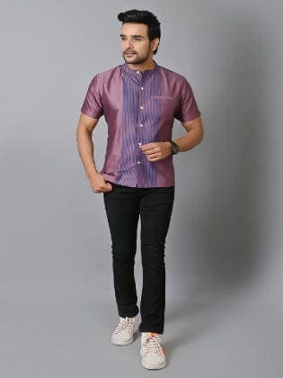 Striped Men Silk Shirt - Purple - Charkha TalesStriped Men Silk Shirt - Purple