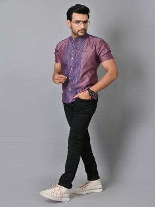 Striped Men Silk Shirt - Purple - Charkha TalesStriped Men Silk Shirt - Purple