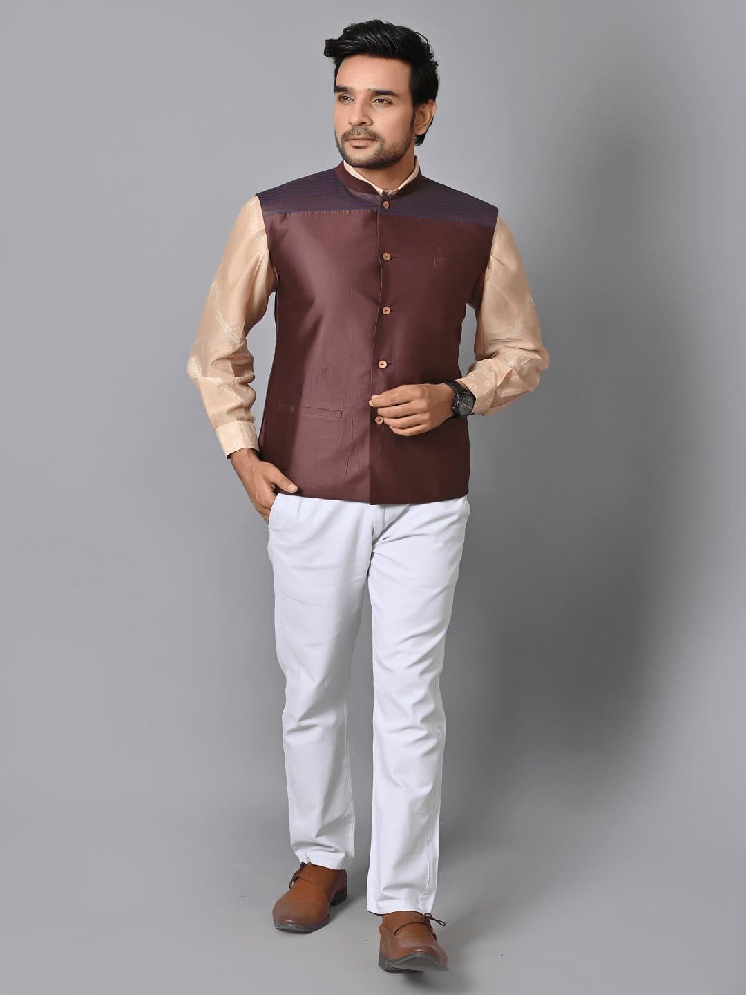 Striped Silk Nehru Jacket - Brown - Charkha TalesStriped Silk Nehru Jacket - Brown