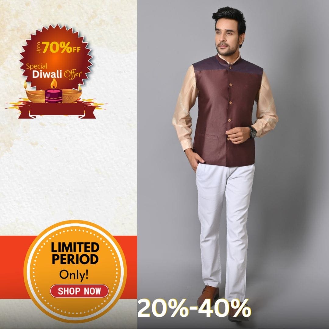 Striped Silk Nehru Jacket - Brown - Charkha TalesStriped Silk Nehru Jacket - Brown