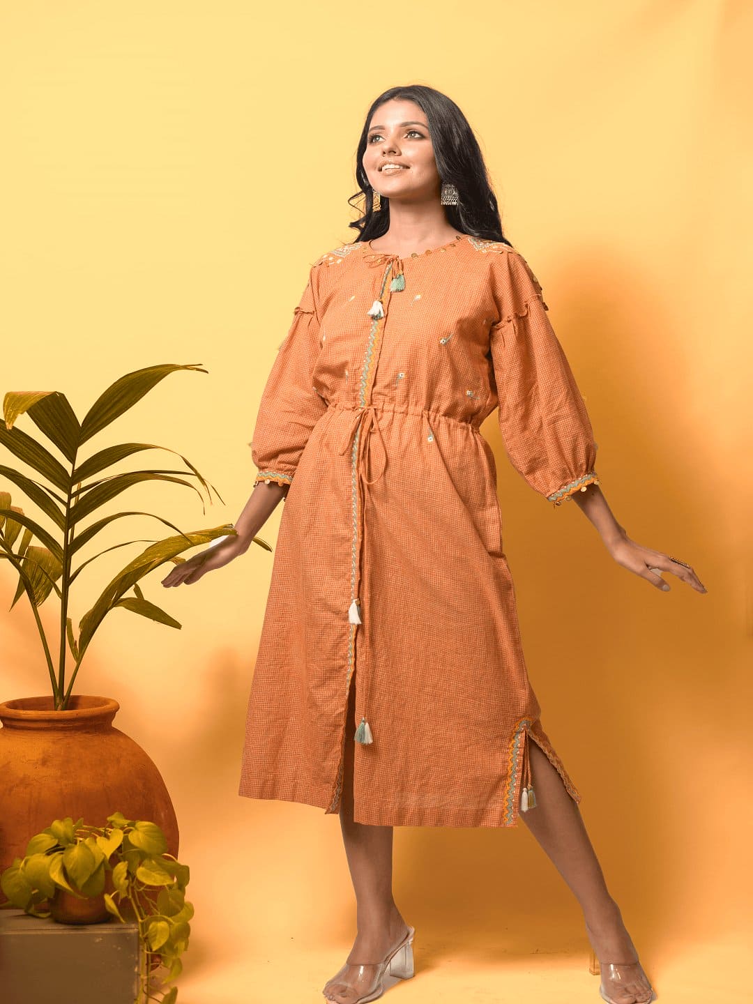 Style Women's Dress - Rust Yellow - Charkha TalesStyle Women's Dress - Rust Yellow