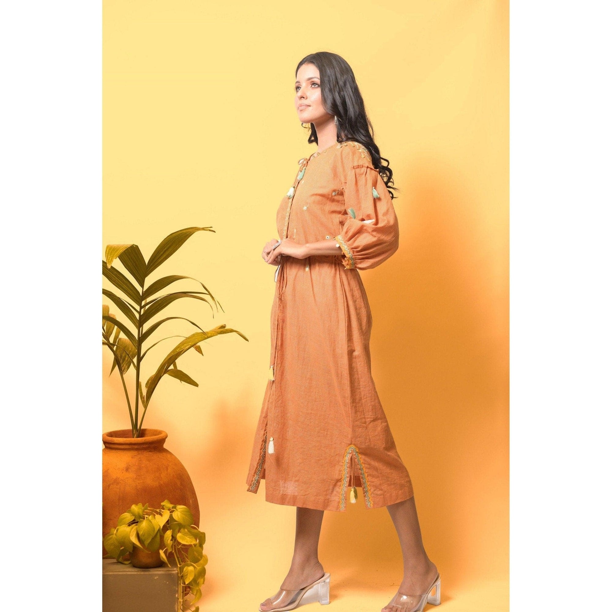 Style Women's Dress - Rust Yellow - Charkha TalesStyle Women's Dress - Rust Yellow