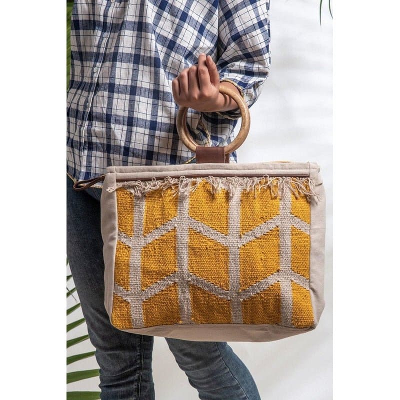 Sunshine Woven Wooden Handle Bag - Yellow - Charkha TalesSunshine Woven Wooden Handle Bag - Yellow