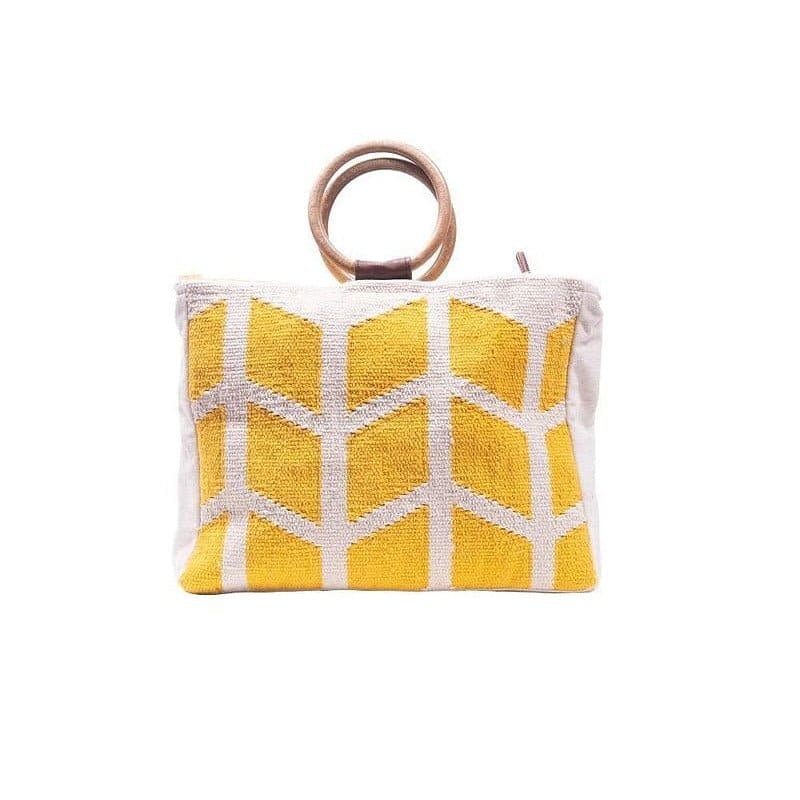 Sunshine Woven Wooden Handle Bag - Yellow - Charkha TalesSunshine Woven Wooden Handle Bag - Yellow