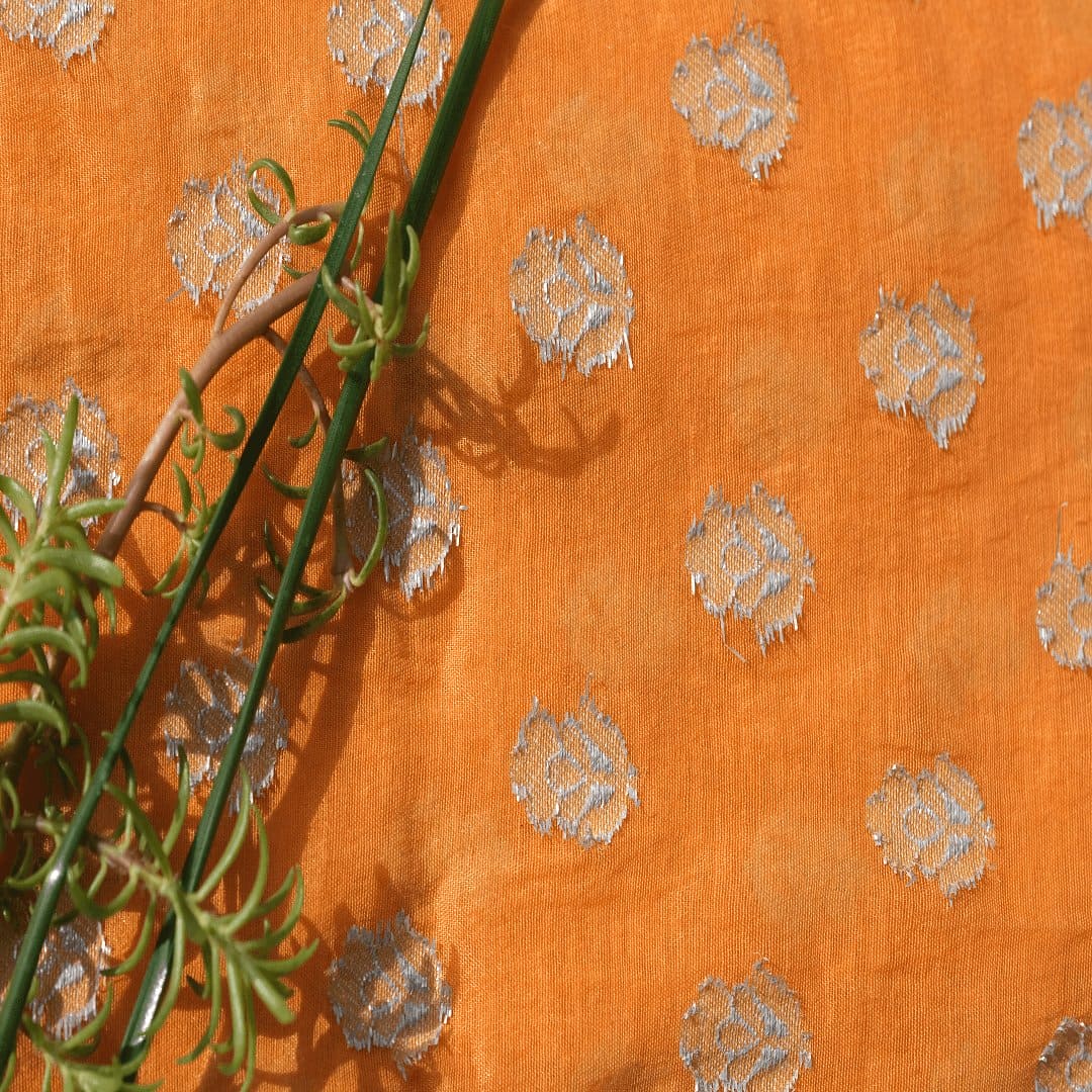 Tangy orange Floral Silk Chanderi Fabric - Charkha TalesTangy orange Floral Silk Chanderi Fabric