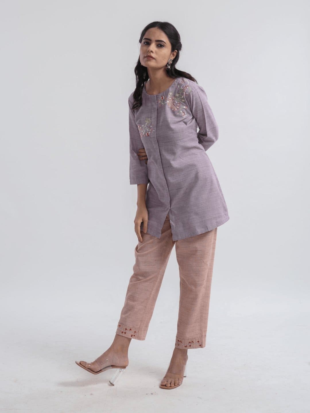 Textured Embroidered Co - Ord Set - Mauve - Charkha TalesTextured Embroidered Co - Ord Set - Mauve