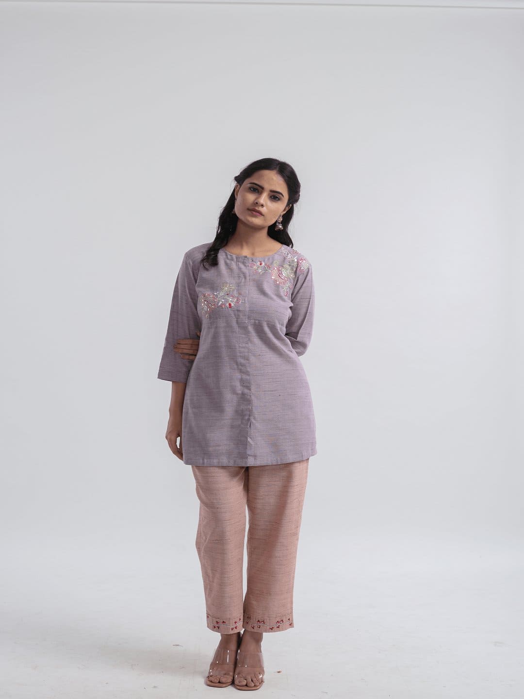 Textured Embroidered Co - Ord Set - Mauve - Charkha TalesTextured Embroidered Co - Ord Set - Mauve