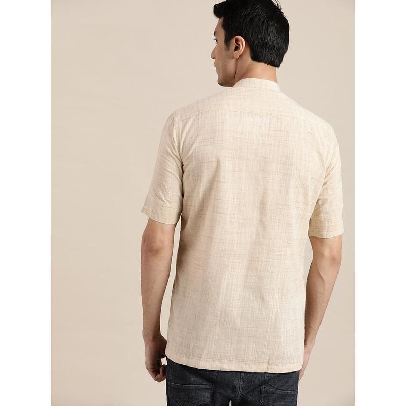 Textured Mandarin Men Shirt - Beige - Charkha TalesTextured Mandarin Men Shirt - Beige