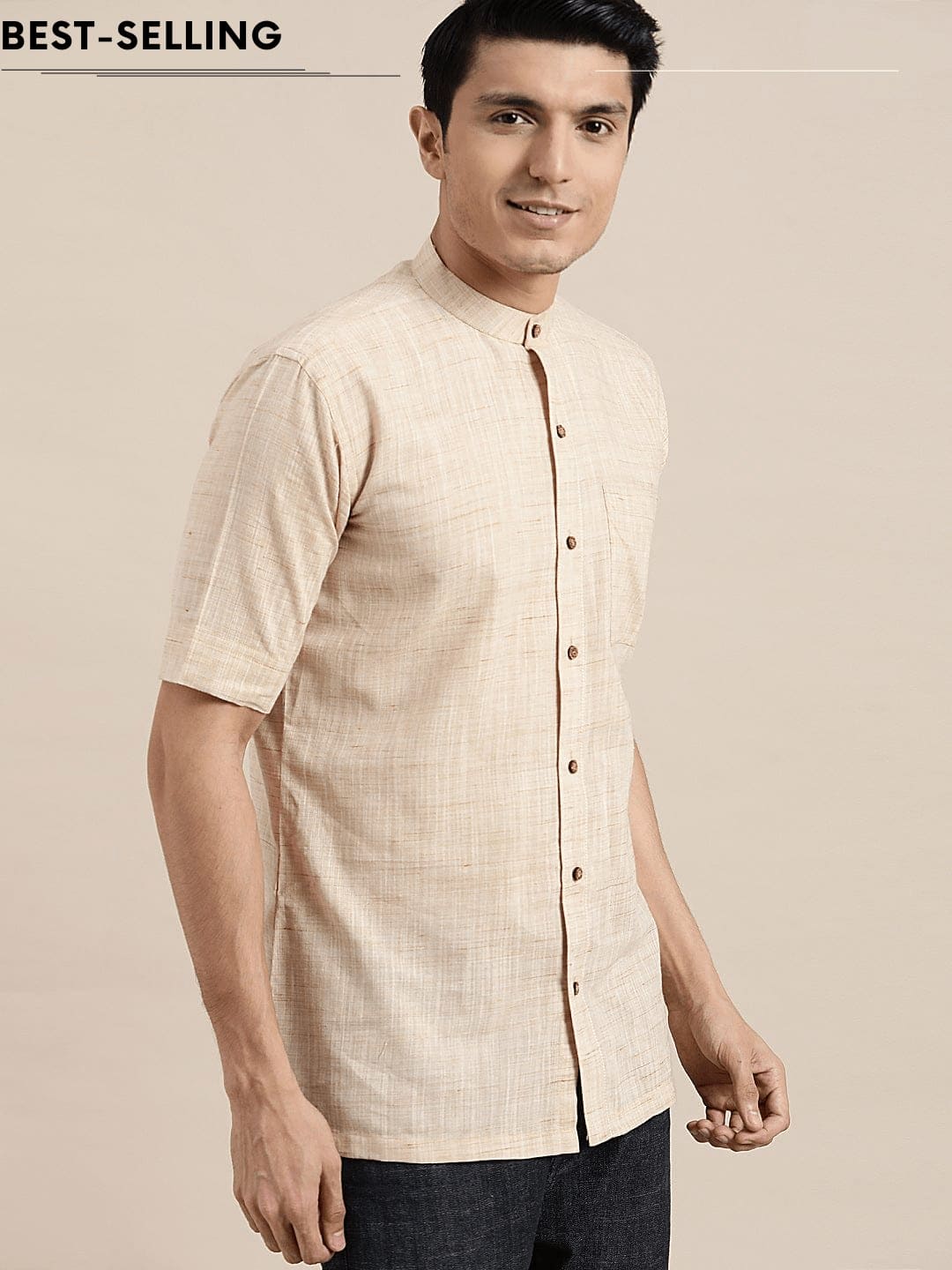 Textured Mandarin Men Shirt - Beige - Charkha TalesTextured Mandarin Men Shirt - Beige