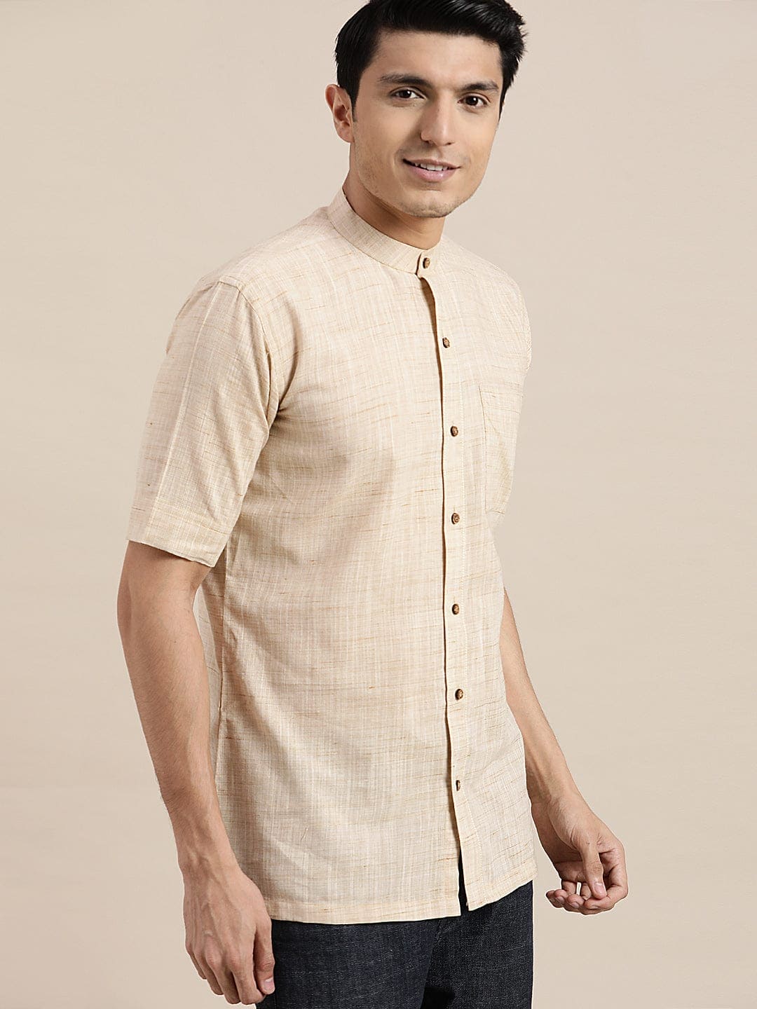 Textured Mandarin Men Shirt - Beige - Charkha TalesTextured Mandarin Men Shirt - Beige