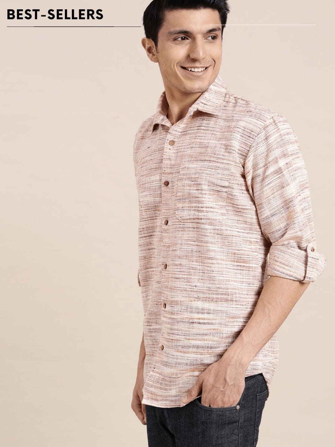 Textured Men Shirt - Brown - Charkha TalesTextured Men Shirt - Brown