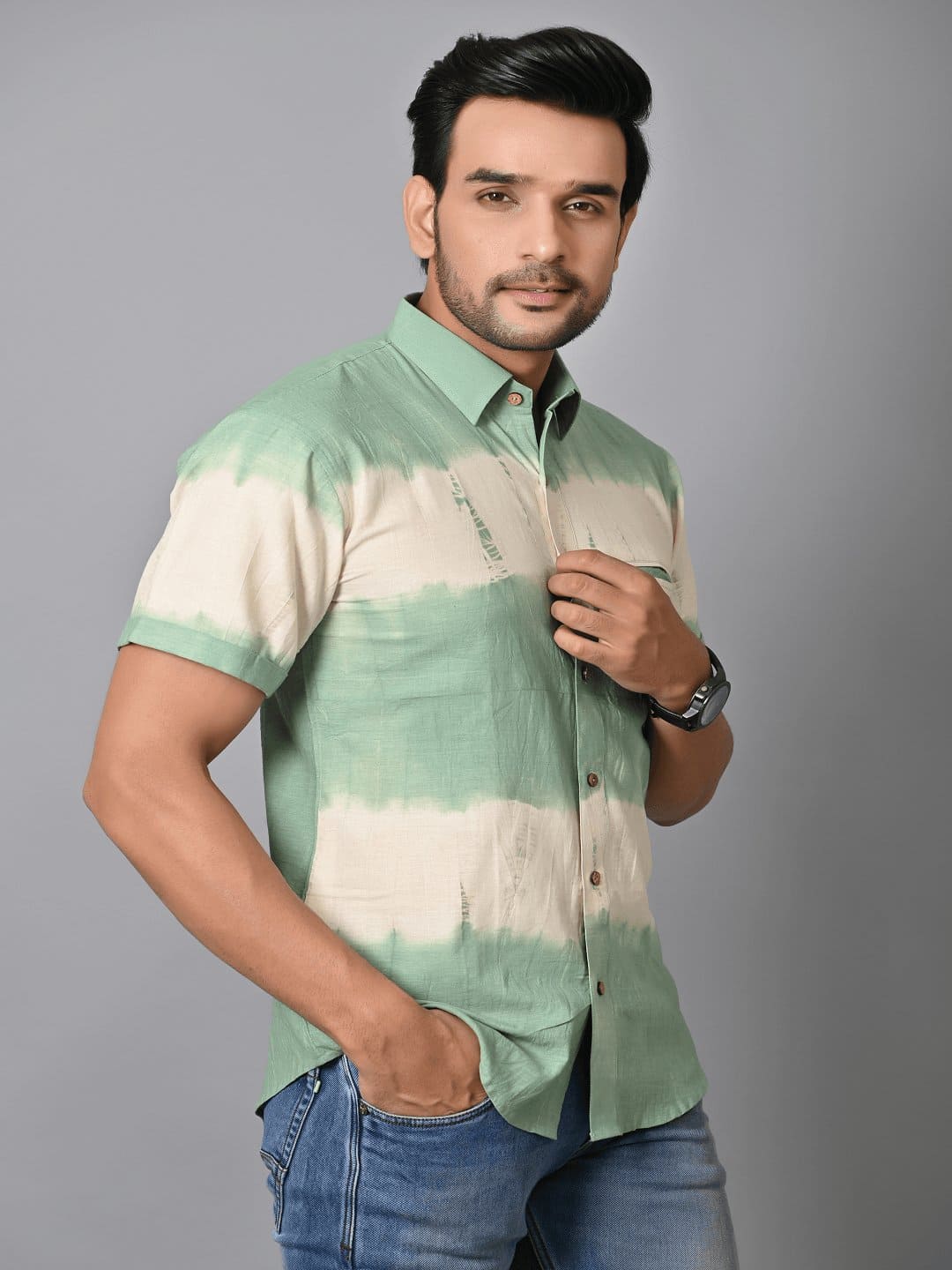Tie Dye Cotton Sleeve Shirt - Green - Charkha TalesTie Dye Cotton Sleeve Shirt - Green
