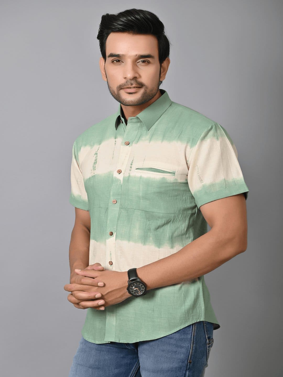 Tie Dye Cotton Sleeve Shirt - Green - Charkha TalesTie Dye Cotton Sleeve Shirt - Green