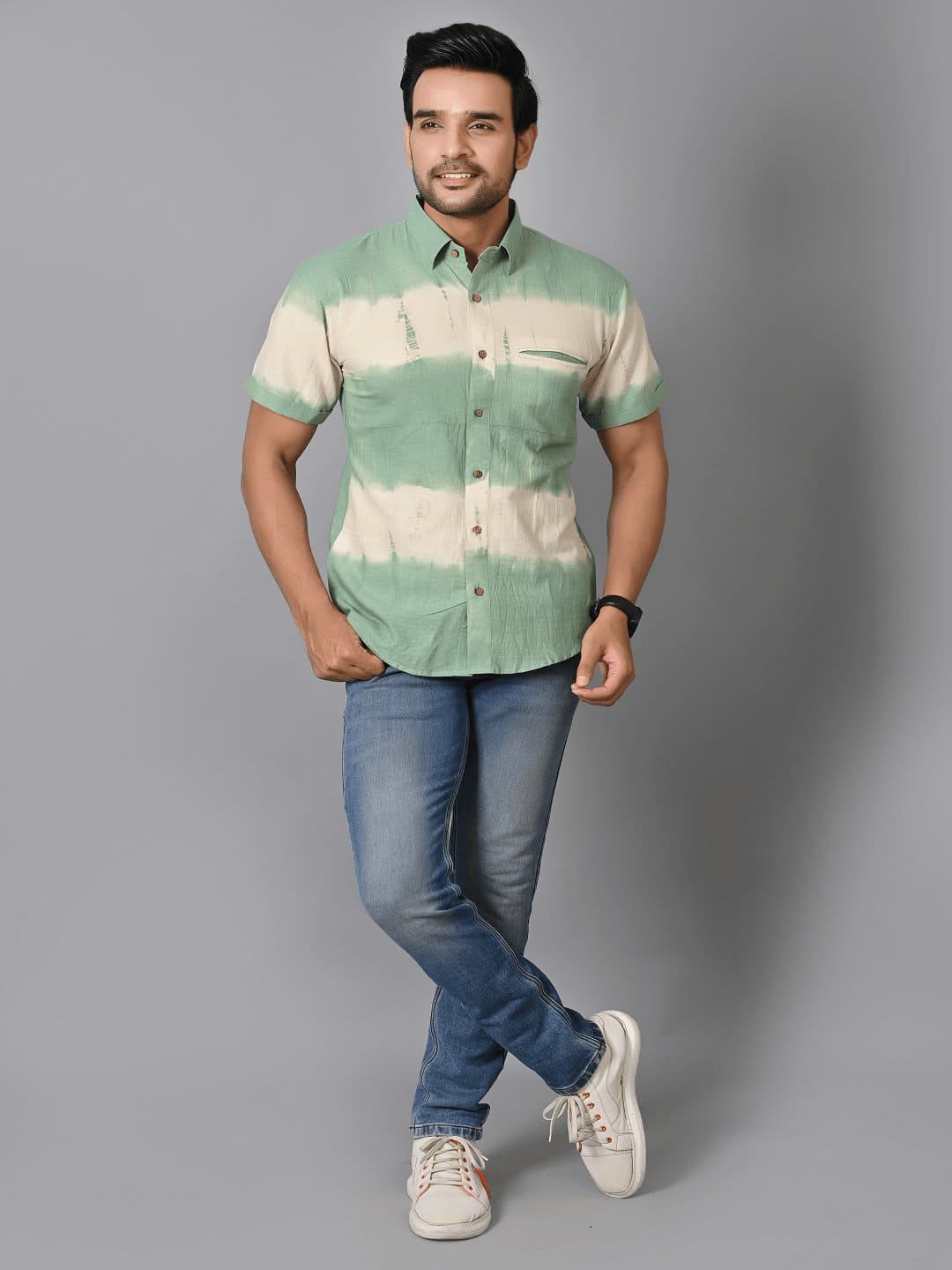 Tie Dye Cotton Sleeve Shirt - Green - Charkha TalesTie Dye Cotton Sleeve Shirt - Green
