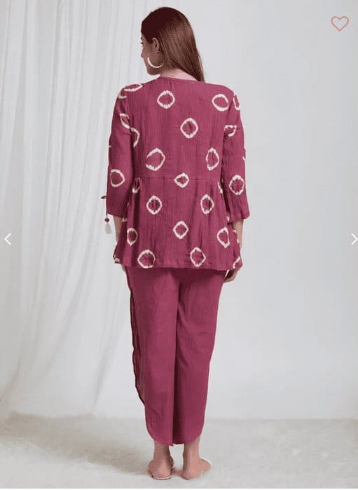 Tie & Dye Crush Cotton Co - Ord Set - Burgundy - Charkha TalesTie & Dye Crush Cotton Co - Ord Set - Burgundy