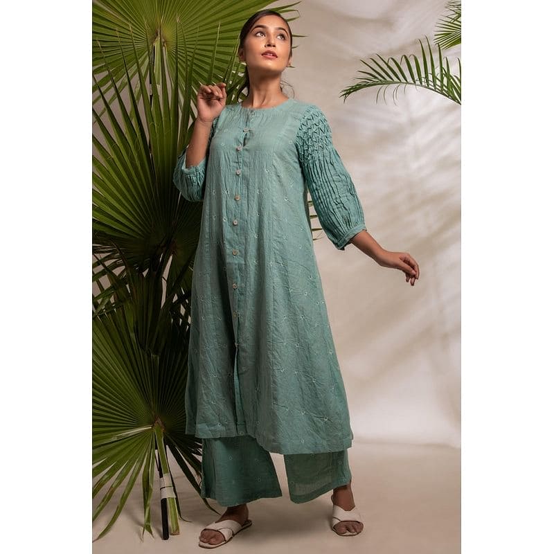 Tie & Dye Front Open Kurta Set - Turquoise - Charkha TalesTie & Dye Front Open Kurta Set - Turquoise