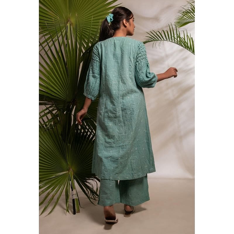 Tie & Dye Front Open Kurta Set - Turquoise - Charkha TalesTie & Dye Front Open Kurta Set - Turquoise