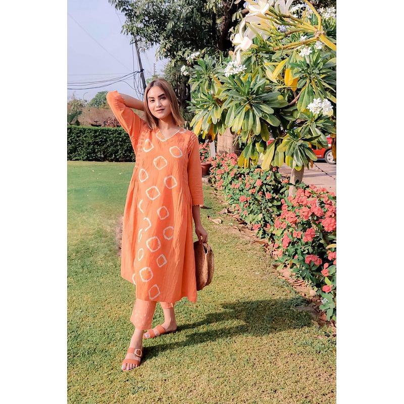 Tie & Dye Kurta Set - Rust Orange - Charkha TalesTie & Dye Kurta Set - Rust Orange