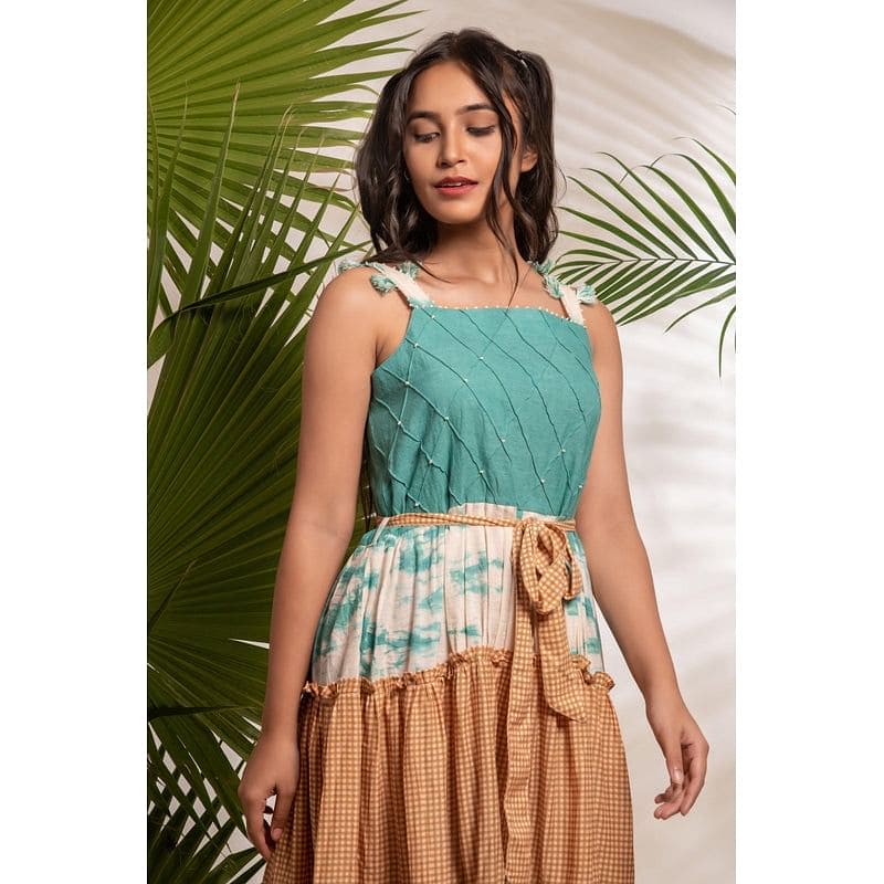 Tie & Dye Layered Dress - Turquoise - Charkha TalesTie & Dye Layered Dress - Turquoise