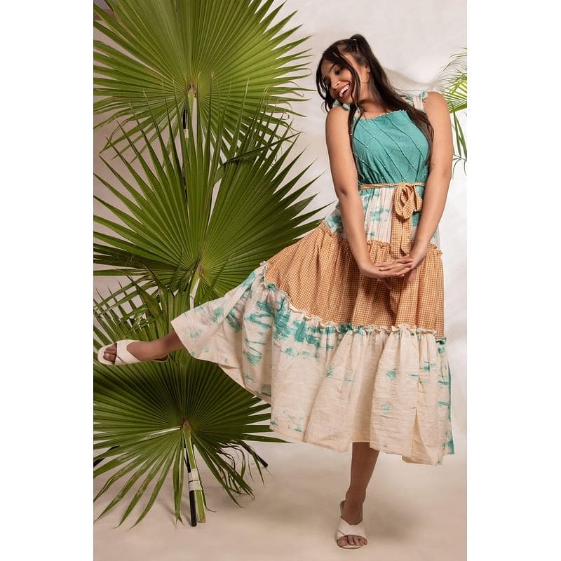 Tie & Dye Layered Dress - Turquoise - Charkha TalesTie & Dye Layered Dress - Turquoise