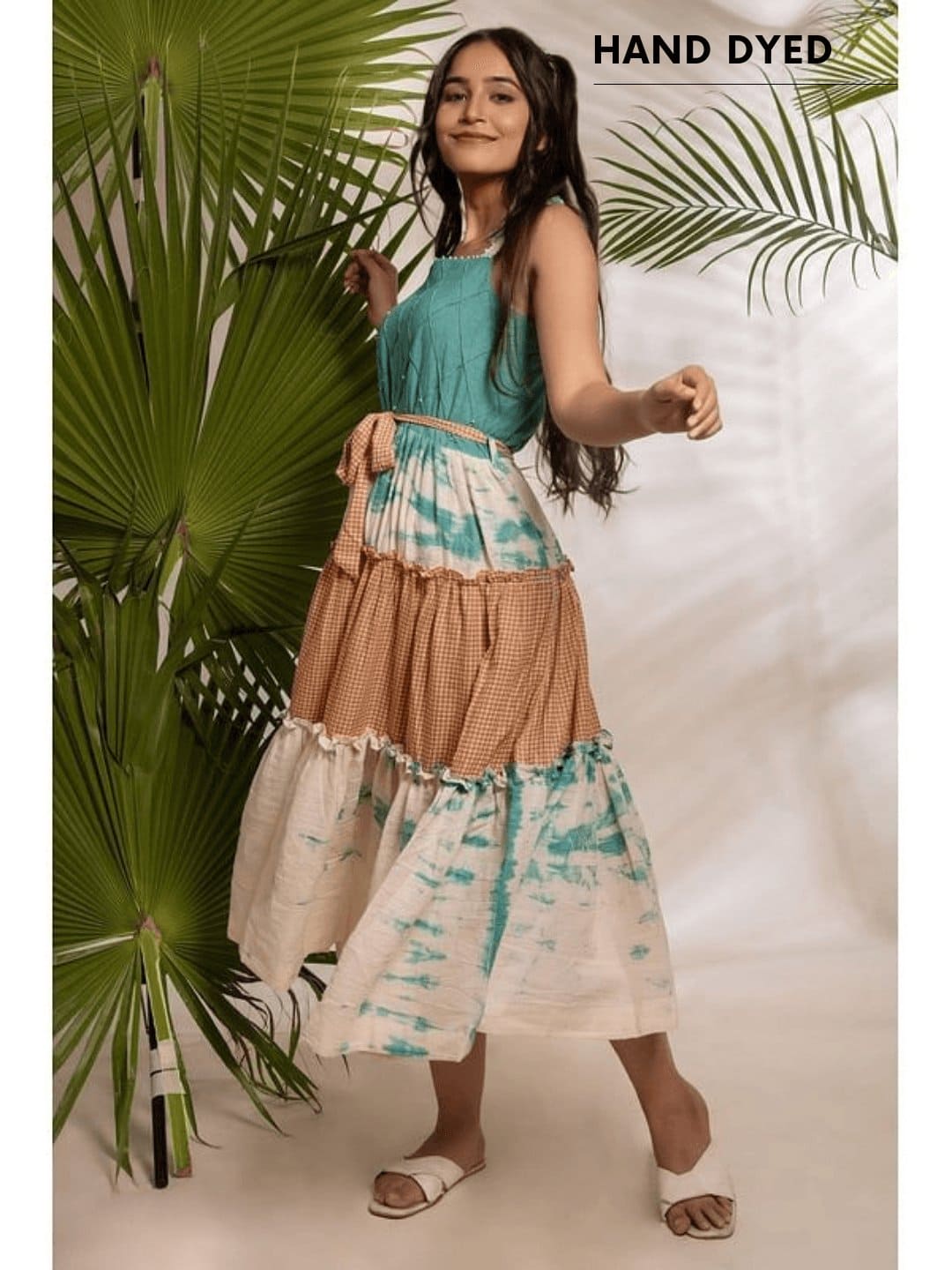 Tie & Dye Layered Dress - Turquoise - Charkha TalesTie & Dye Layered Dress - Turquoise