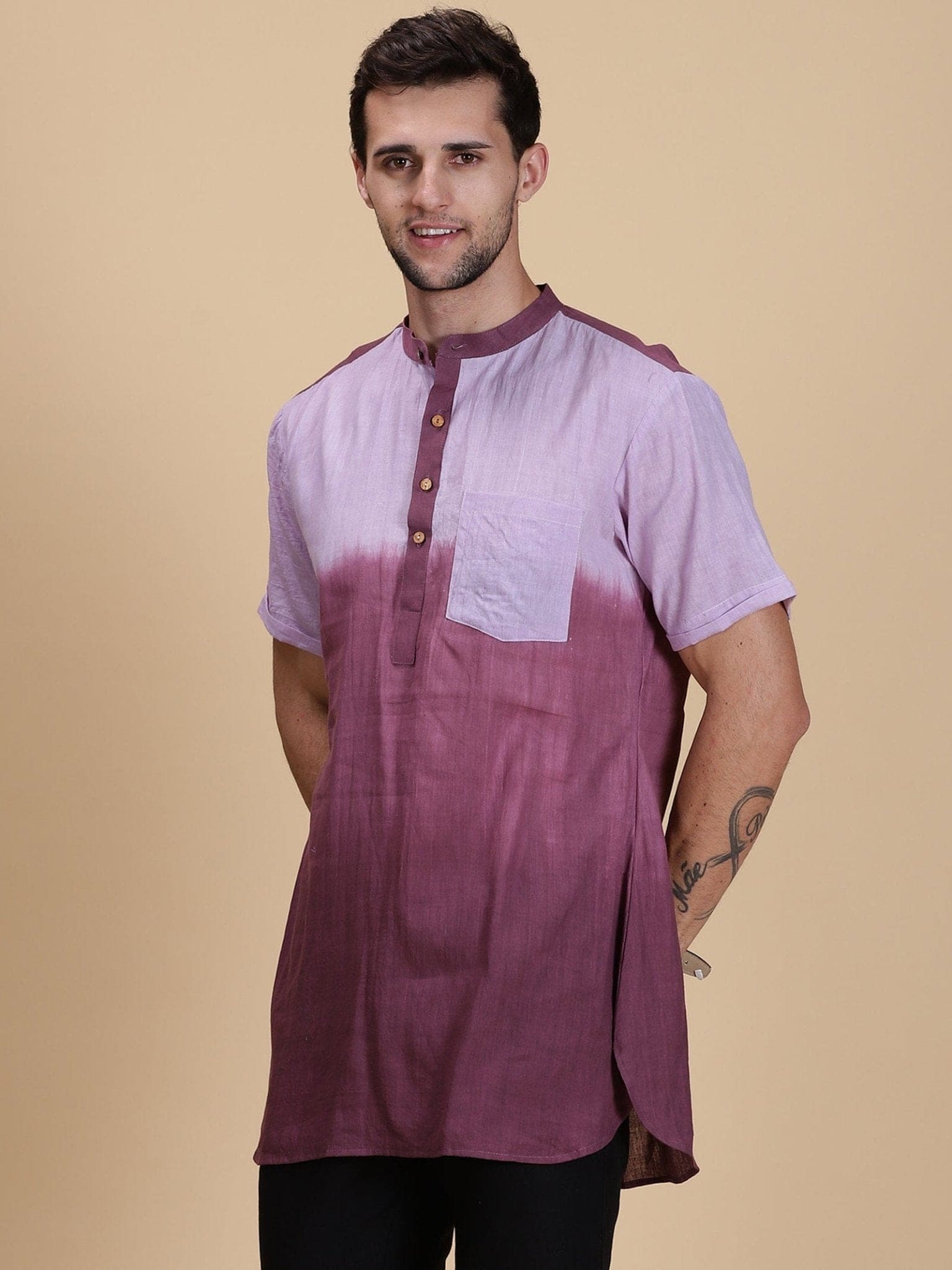 Tie Dye Men Shirt Kurta - Mauve - Charkha TalesTie Dye Men Shirt Kurta - Mauve