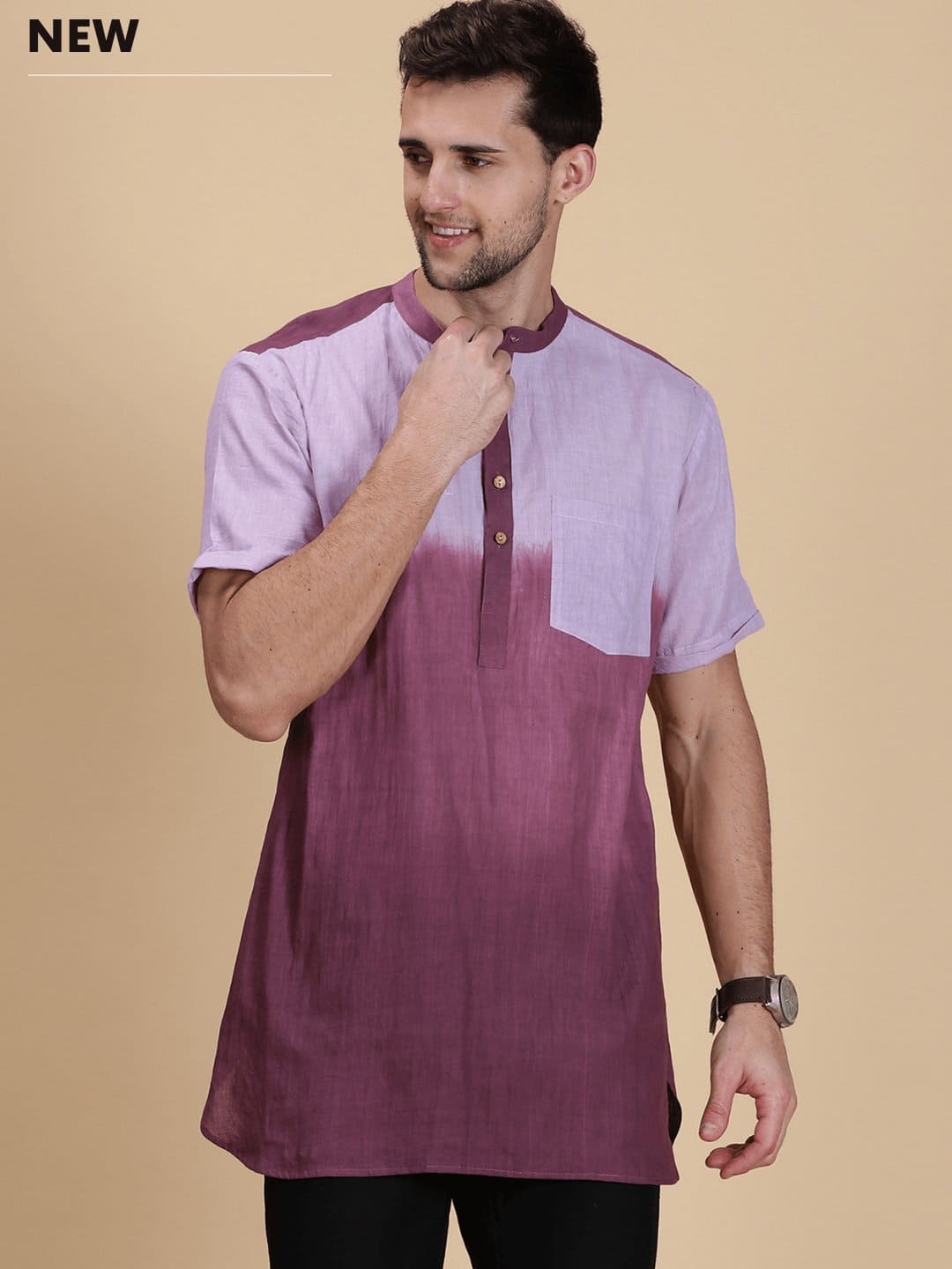 Tie Dye Men Shirt Kurta - Mauve - Charkha TalesTie Dye Men Shirt Kurta - Mauve
