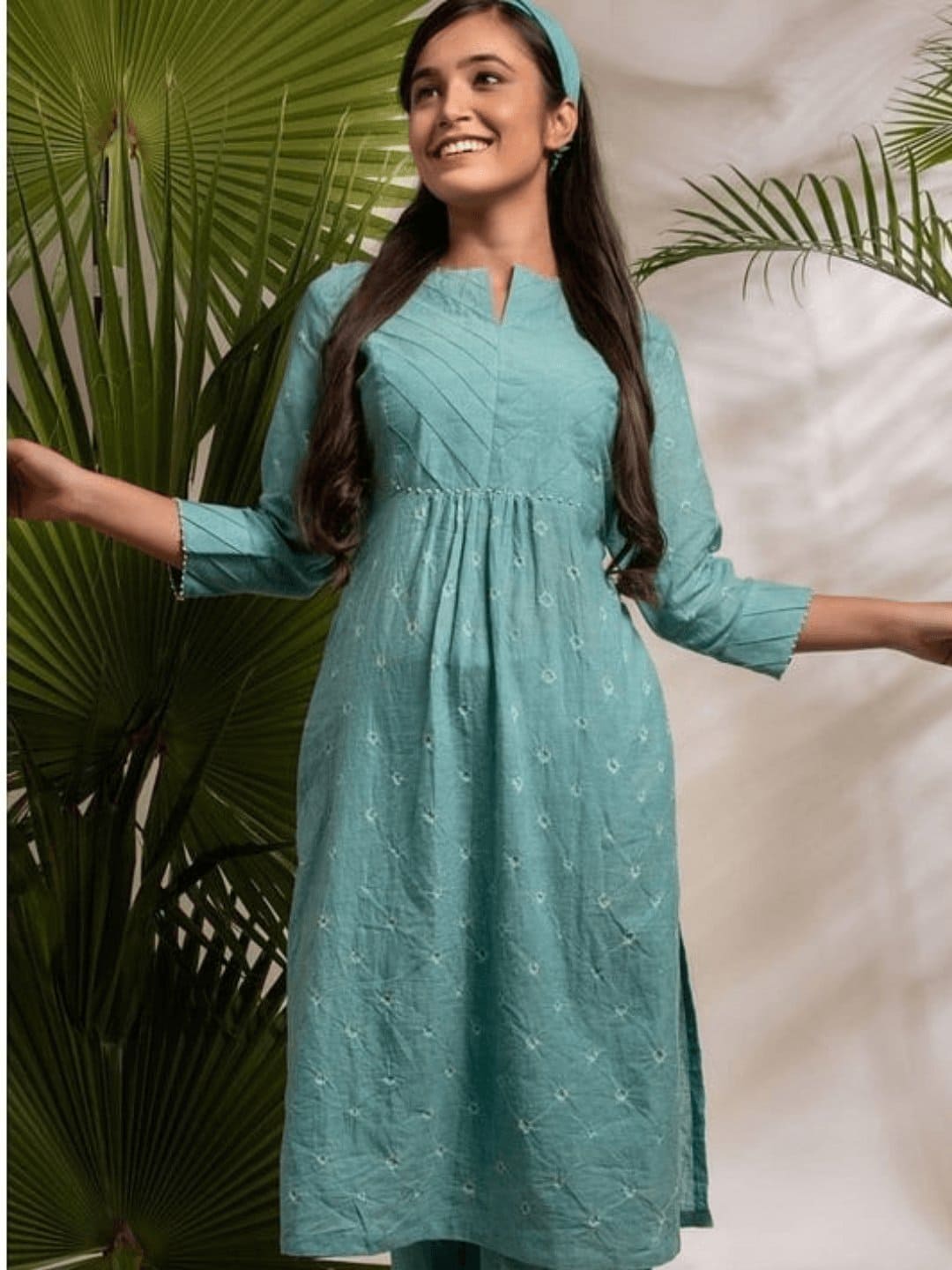 Tie - Dye Pleated Kurta Set - Turquoise - Charkha TalesTie - Dye Pleated Kurta Set - Turquoise