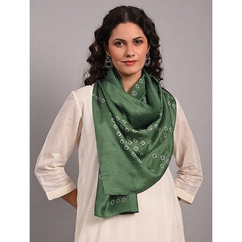 Tie Dye Silk Stole - Olive Green - Charkha TalesTie Dye Silk Stole - Olive Green