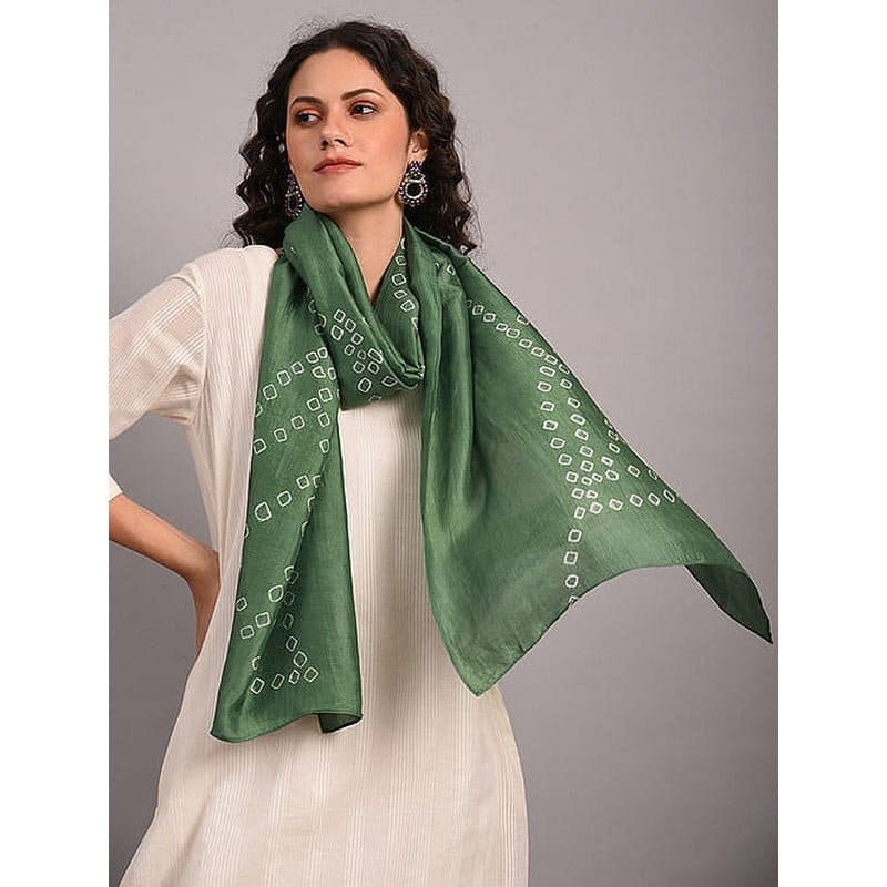 Tie Dye Silk Stole - Olive Green - Charkha TalesTie Dye Silk Stole - Olive Green