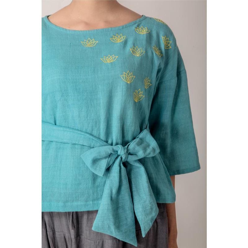 Tie - Up Yoga Top With Dhoti - Satvik Blue - Charkha TalesTie - Up Yoga Top With Dhoti - Satvik Blue