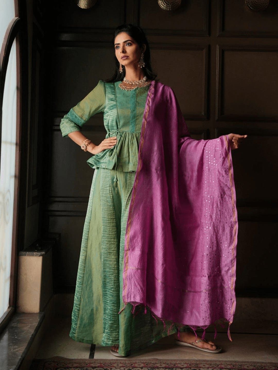Tissue Banarsi Silk Co - ord Set - Green - Charkha TalesTissue Banarsi Silk Co - ord Set - Green