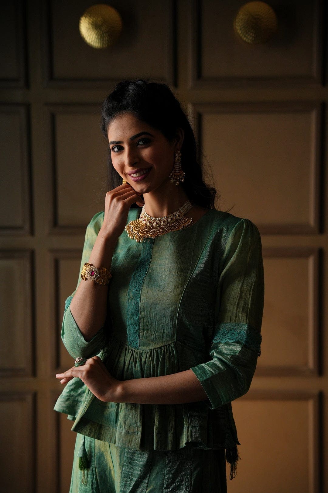 Tissue Banarsi Silk Co - ord Set - Green - Charkha TalesTissue Banarsi Silk Co - ord Set - Green